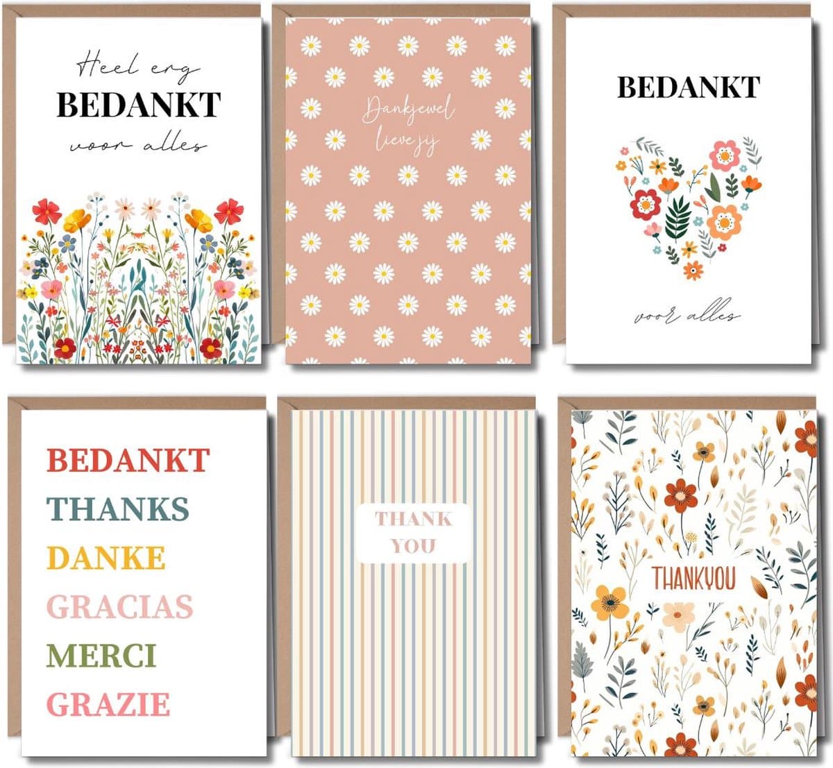 Luxe Bedankkaarten Set - 6 Wenskaarten met Enveloppen - Bedankt Kaartjes - Thank You Cards - Bedank Kaarten - A6 - Blanco - Bloemen (EAN: 8721161817406)