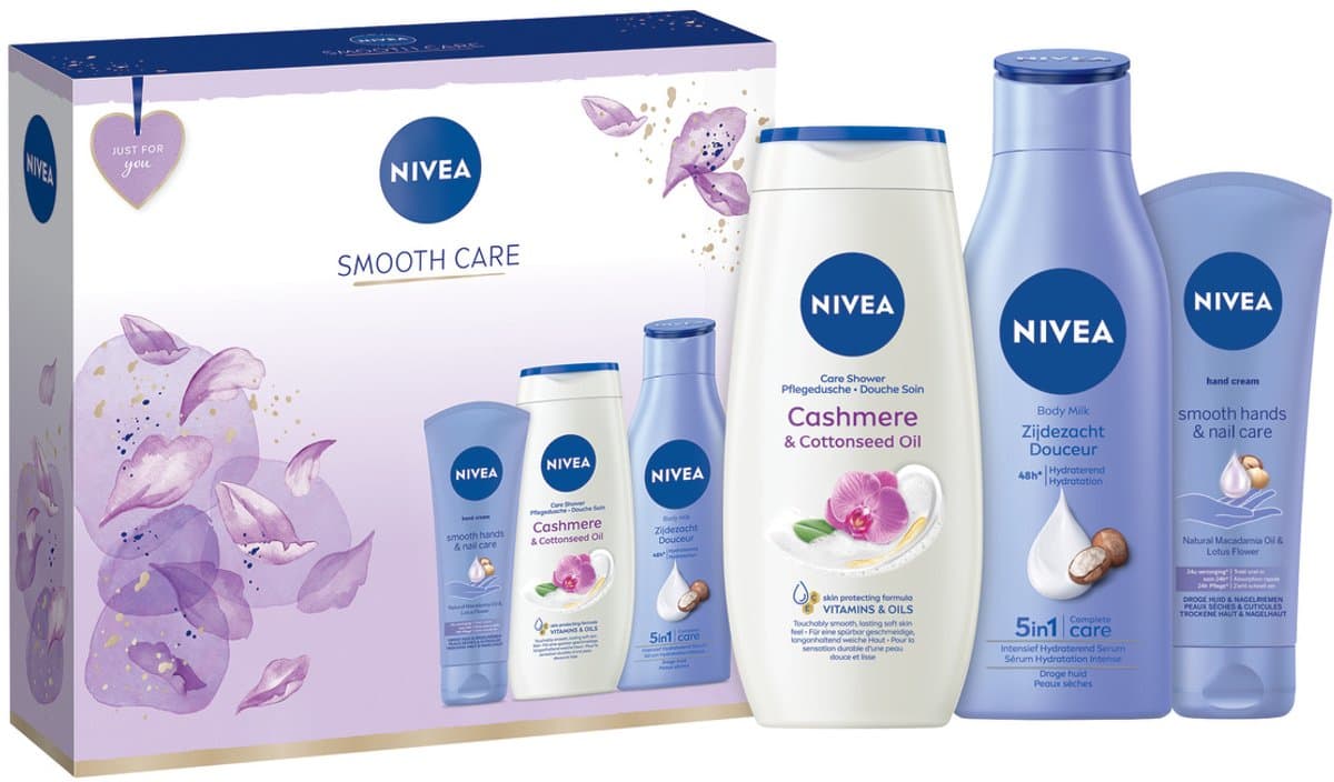 NIVEA Smooth Care Geschenkset Vrouwen - Cadeauset Verjaardag Bodymilk, Douchegel & Handcreme - Moederdag cadeautje (EAN: 4006000020181): Even eerlijk waarom NIVEA
