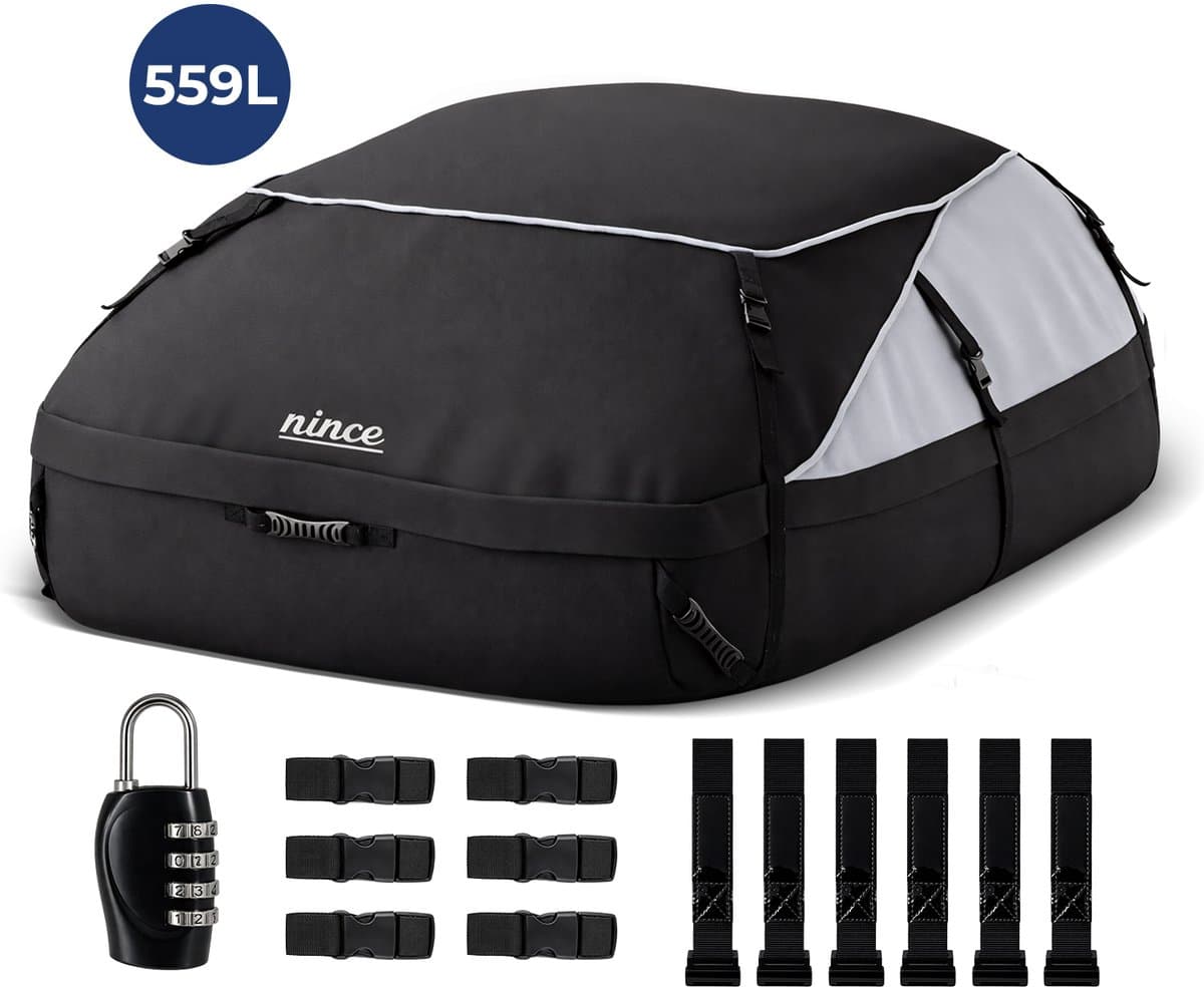 Nince Dakkoffer 559L - Auto Dakkoffer - Waterdichte Daktas - Opvouwbaar - Met en Zonder Dakdragers - Oxford 900D + PVC - Zwart (EAN: 8720955110617)