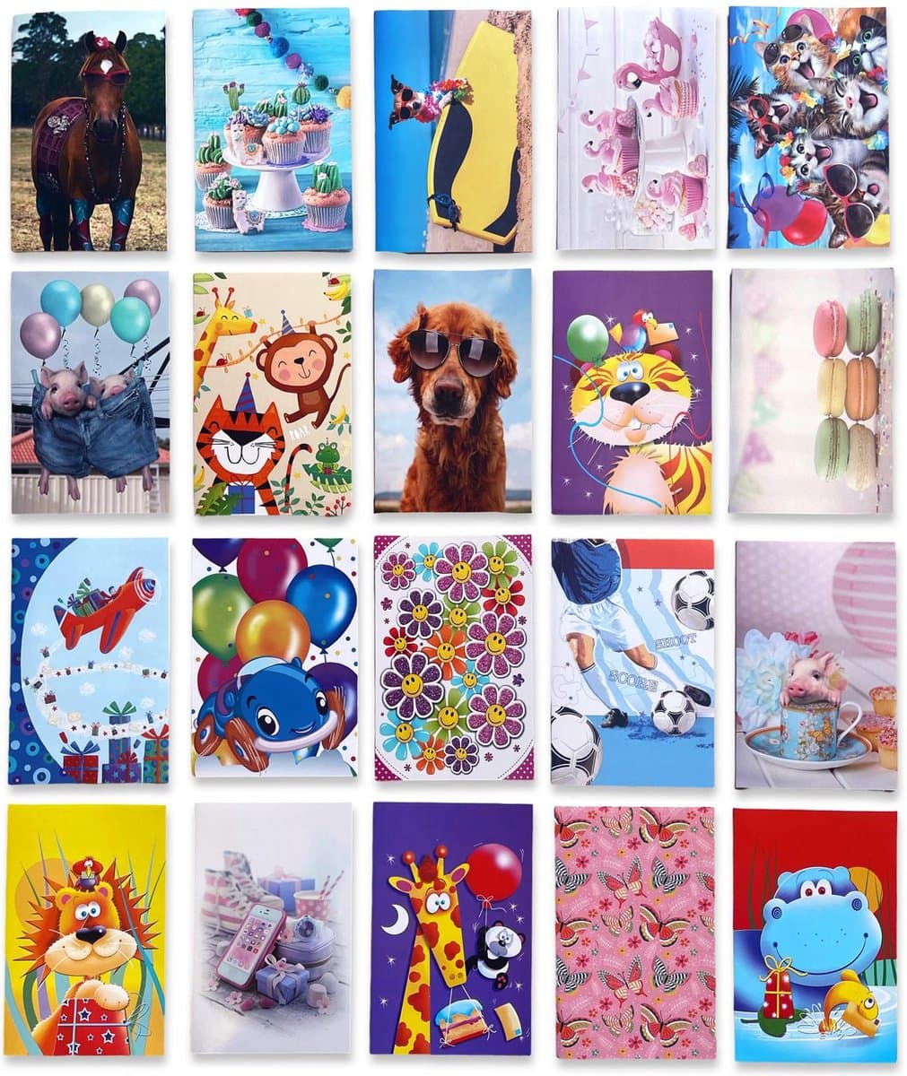 Cards & Crafts 20 Blanco Wenskaarten - Kinderen / Dieren - 12x17cm - Blanco kaarten met envelop - Kinderkaarten (EAN: 7106619180744)