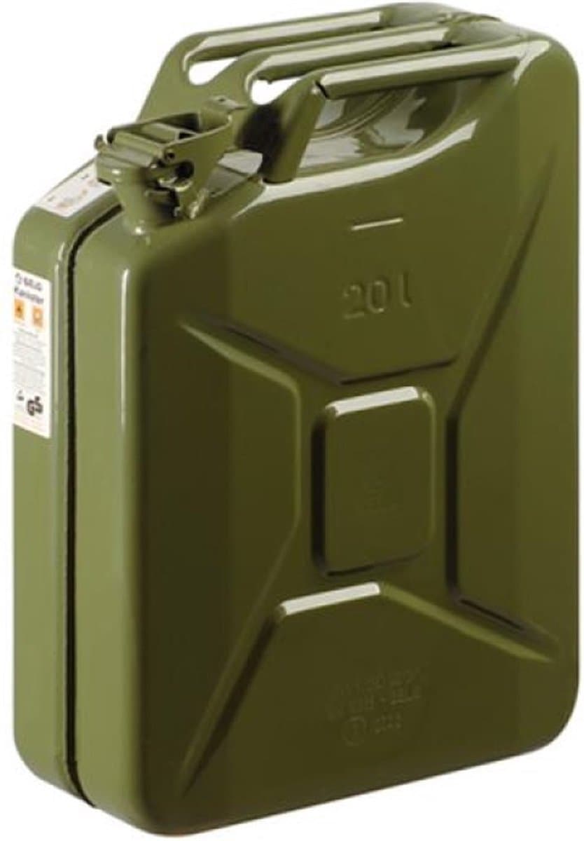 Metalen jerrycan legergroen voor brandstof 20 liter L35 x B17 x H47 cm - geschikt voor brandstof - benzine / diesel (EAN: 5901466400173)