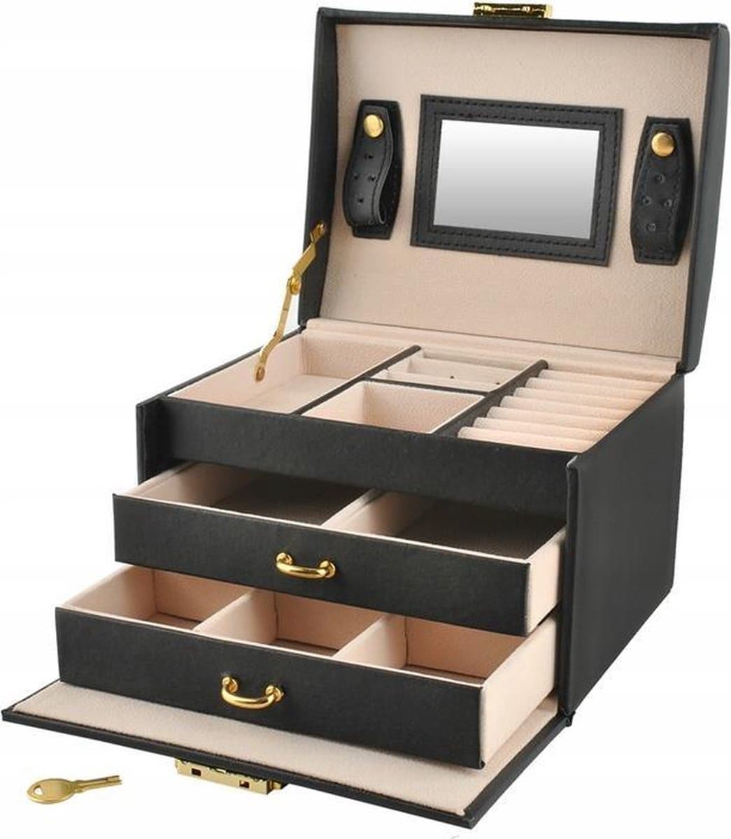 Luxe Sieradenbox Met Spiegel - Bijouteriedoos Opbergbox - Juwelen Opbergdoos - Kunst Leder Zwart (EAN: 8719984003007)
