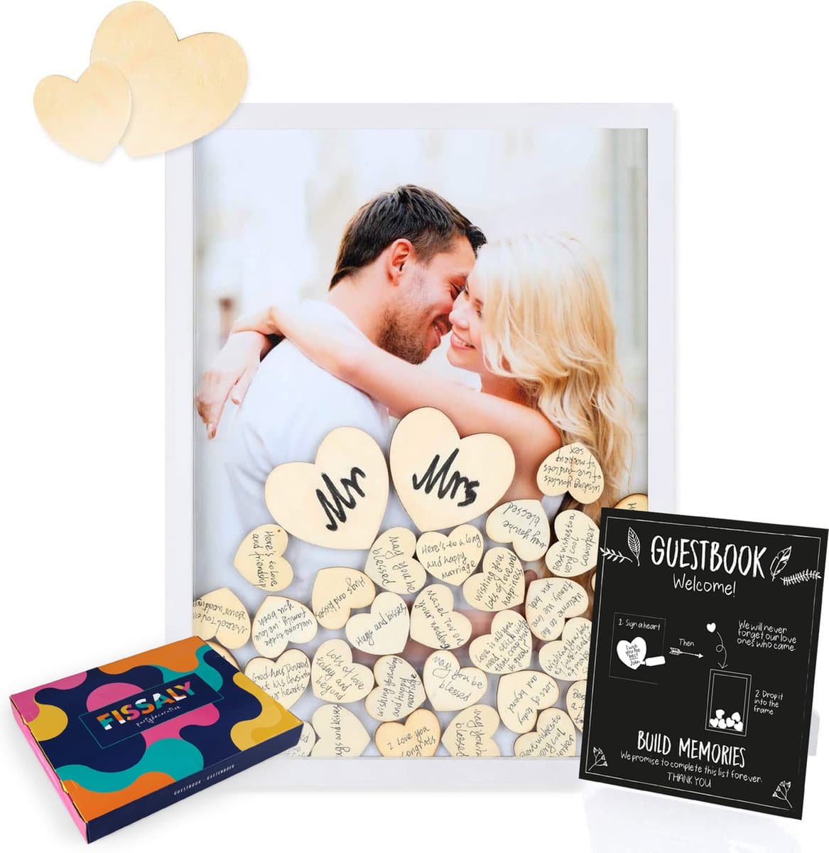 Fissaly Bruiloft & Huwelijk Gastenboek met 100 Stuks Houten Hartjes – Trouwdag Feest Decoratie – Receptieboek - Cadeau (EAN: 8720094557700)