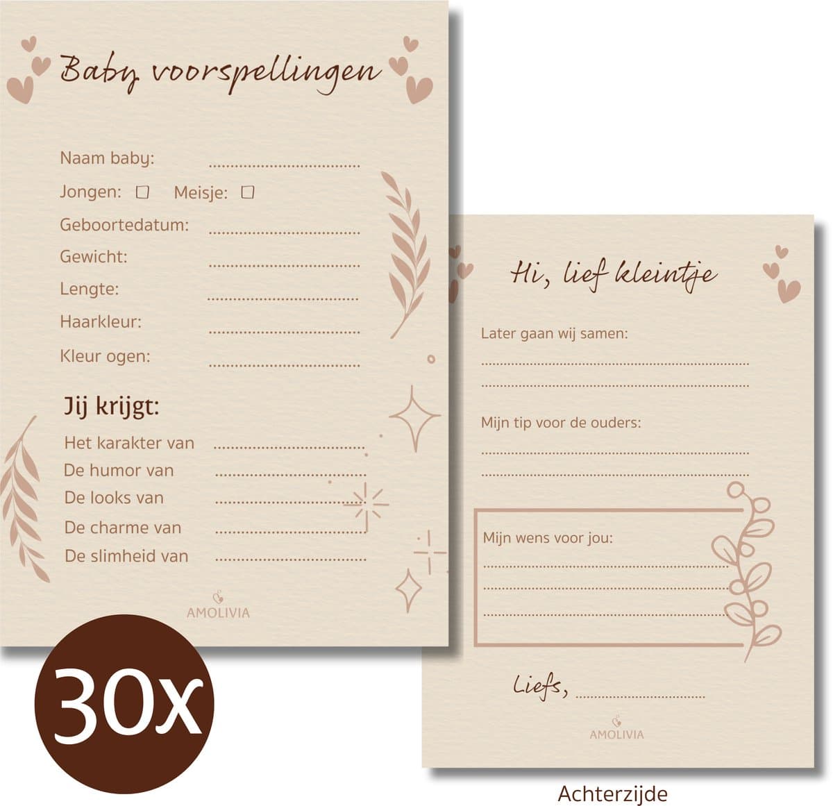 Amolivia Babyshower Invulkaarten - 30 stuks - Crème - Voorspellingskaarten - Babyshower Spelletjes (EAN: 8721398557038)