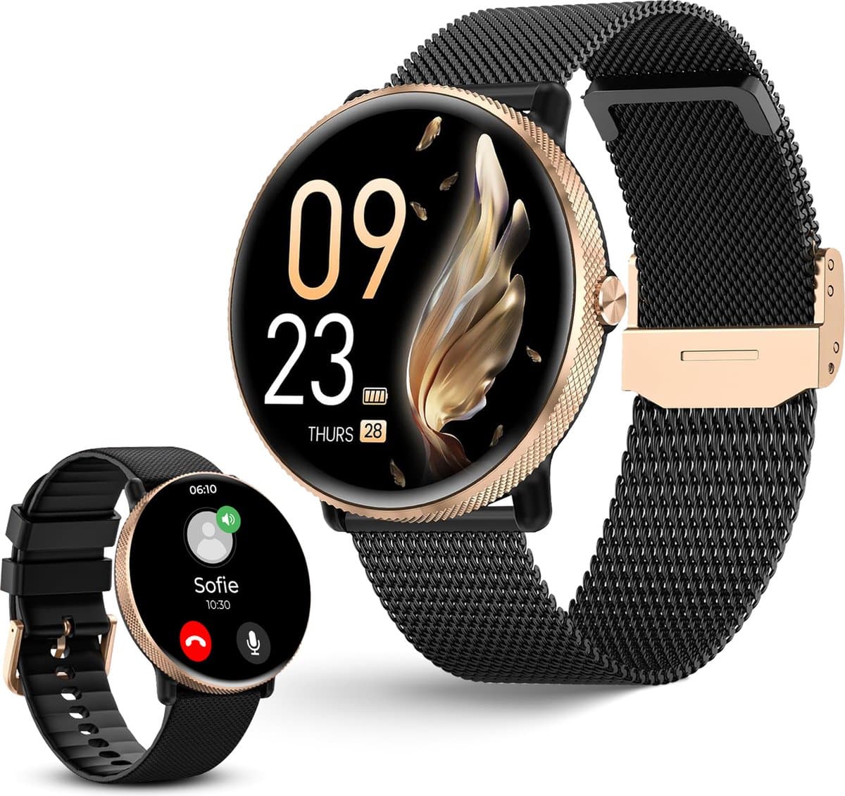 DynaBright AMOLED Smartwatch Dames en Heren - 1x RVS en 1x Siliconen Bandje - Zwart en Goud - Geschikt voor iOS (Apple) & Android - Stappenteller en Hartslagmeter (EAN: 8721082069588)