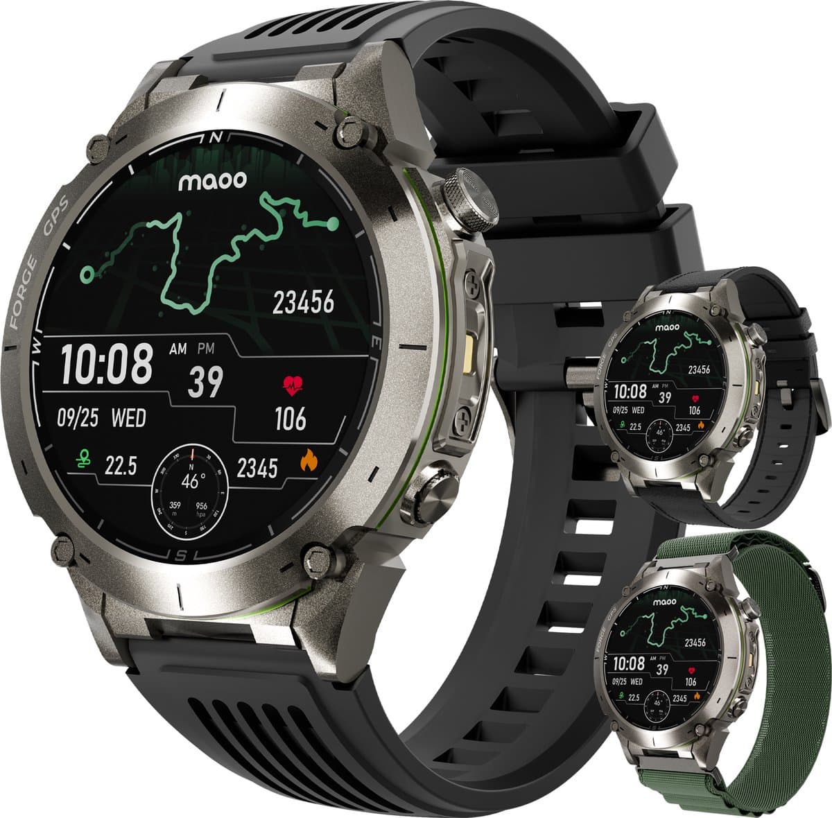 Maoo FORGE - GPS Smartwatch Heren - 1.43" AMOLED Display - 3 Bandjes - GPS (5 satellieten) - Belfunctie - 730mAh Batterij (lange accuduur) - 170+ Sportmodi - Hartslag, Bloeddruk, SpO2, Stappenteller - Kompas, Zaklamp - 1 ATM Waterdicht - Gun Metal...