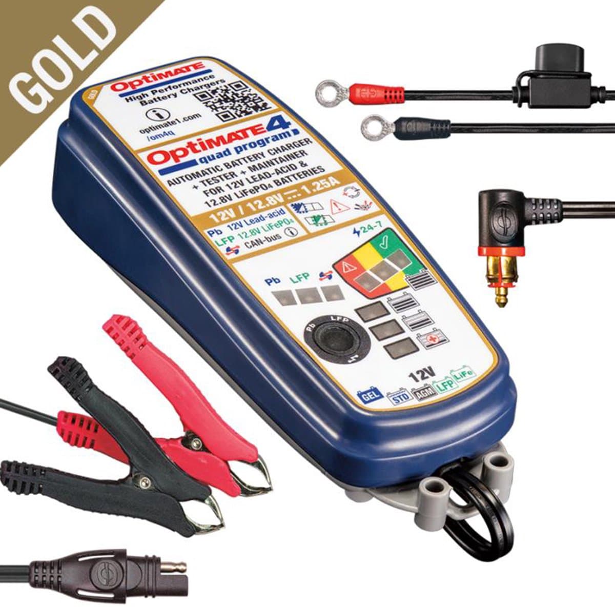 Tecmate Optimate 4 Quad program Premium CAN - Gel / Lood / Lithium Acculader Druppellader - GOUD-serie: 9-staps 12V/12.8V 1.25A verzegelde accureddende lader & onderhouder- TM630 (EAN: 5425006146876)