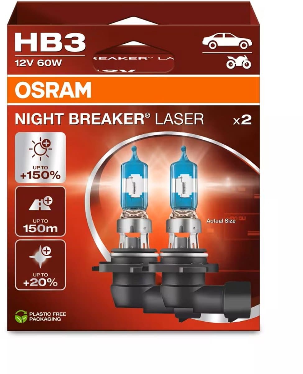 OSRAM Night Breaker Laser - 9005 / HB3 halogeen autolampen – tot 150% meer licht en 150m zicht - 9005NL-2HB - set 2 lampen (EAN: 4062172388283)