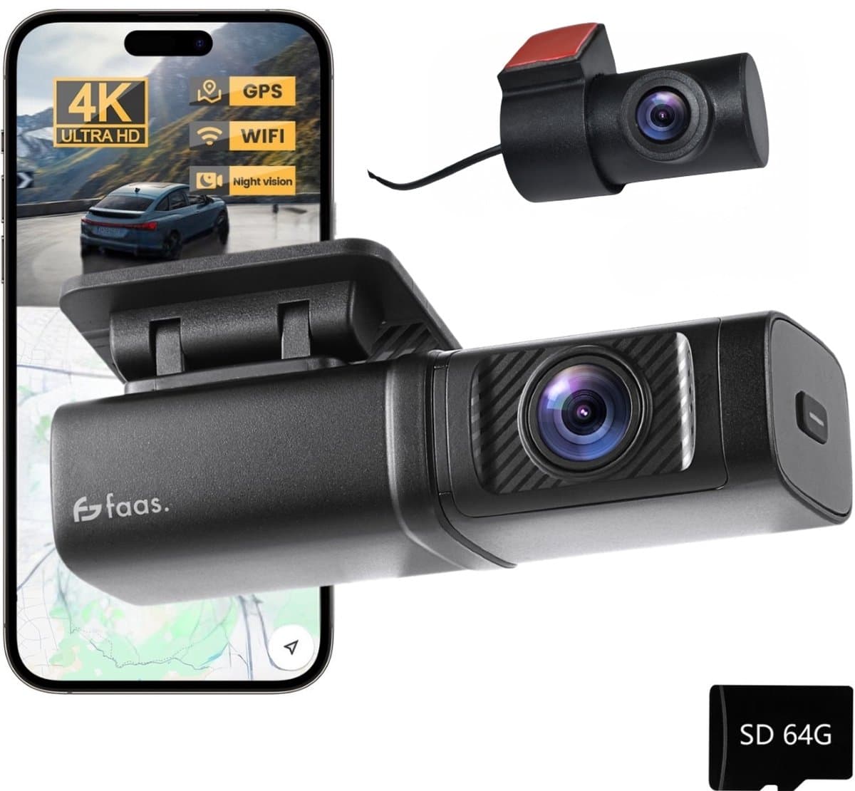 Dashcam - 4K HD - 64GB - Voor auto - Voor en Achter Camera - G-Sensor - Timelapse Functie - Dual Dashcam - Faas (EAN: 8720167400278)