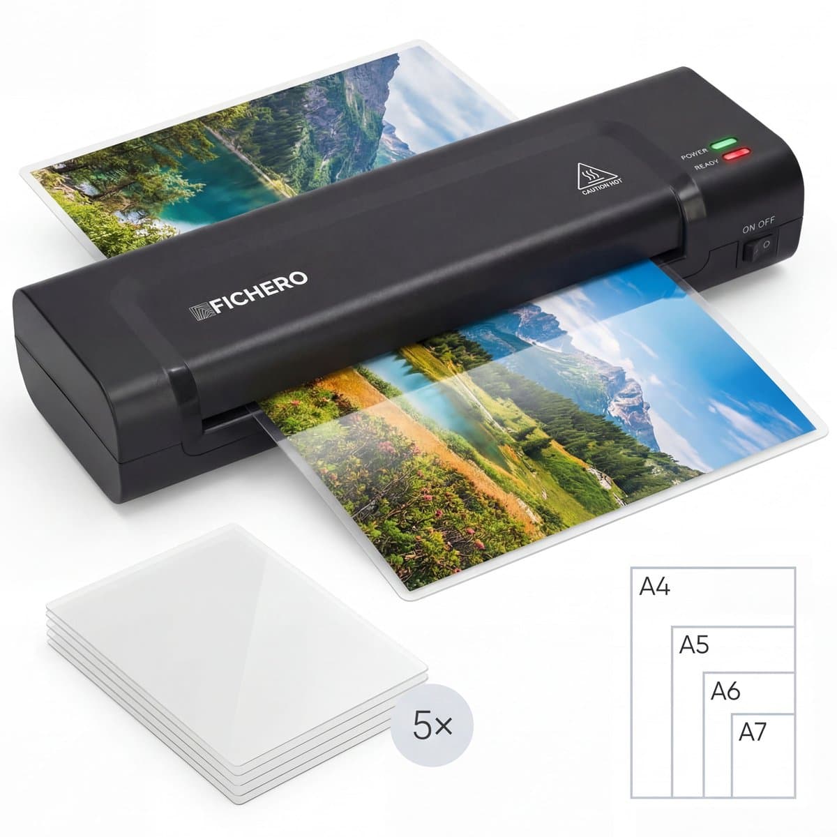 Lamineerapparaat A4 met 5x Lamineerhoezen - Lamineermachines - Plastificeerapparaat - Lamineer - Laminator - Zwart - Fichero (EAN: 8711568040804)