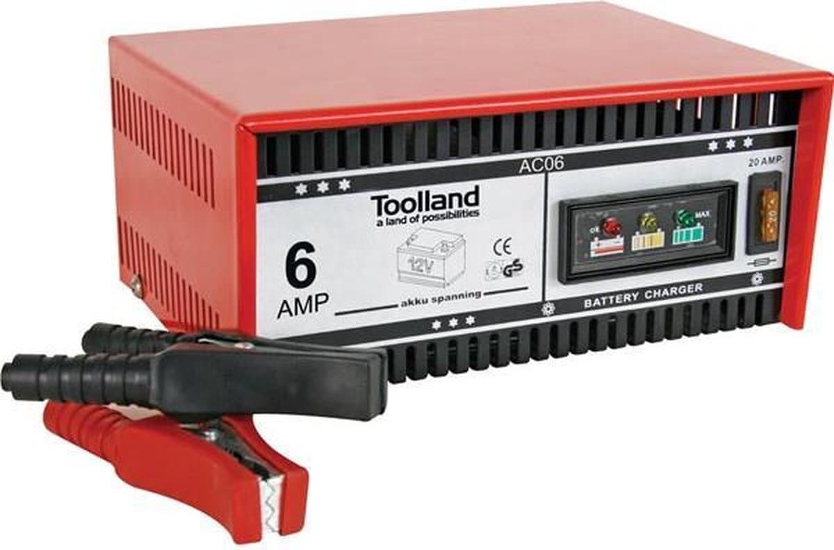 Toolland Acculader 12 V, met overbelastingsbeveiliging en ledstatusweergave, voor motoren, tractoren, personenauto's, bestelwagens en kleine motorboten, robuuste metalen behuizing, rood (EAN: 5410329402907)