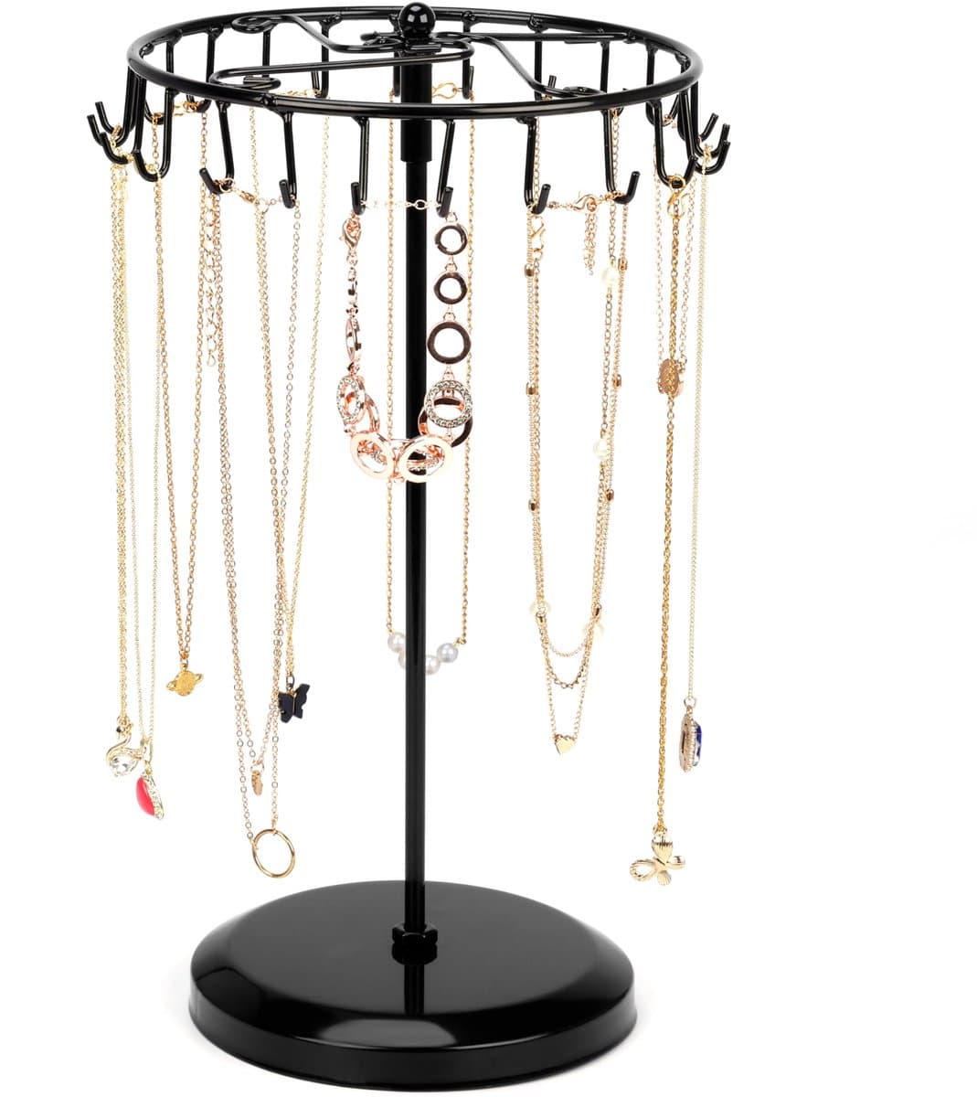 Zwart Metalen Roterende Sieraden Houder Display Standaard (23 Haken) – H34,8 x B20,5 cm – Hang Organizer Toren Rek – Opslag Voor Kettingen & Armbanden, Ringen & Oorbellen (EAN: 5060490956145): Wat maakt deze organizer nou zo bijzonder