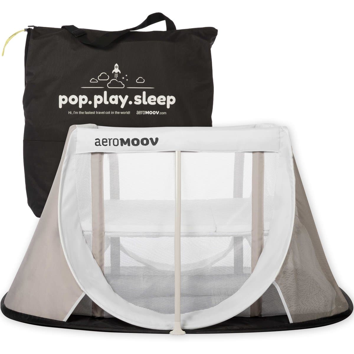 AeroMoov Campingbedje / Reisbedje met matras - voor baby én peuter - met bodemverhoger - Opgezet in 2s - White Sand (EAN: 5413421811806)