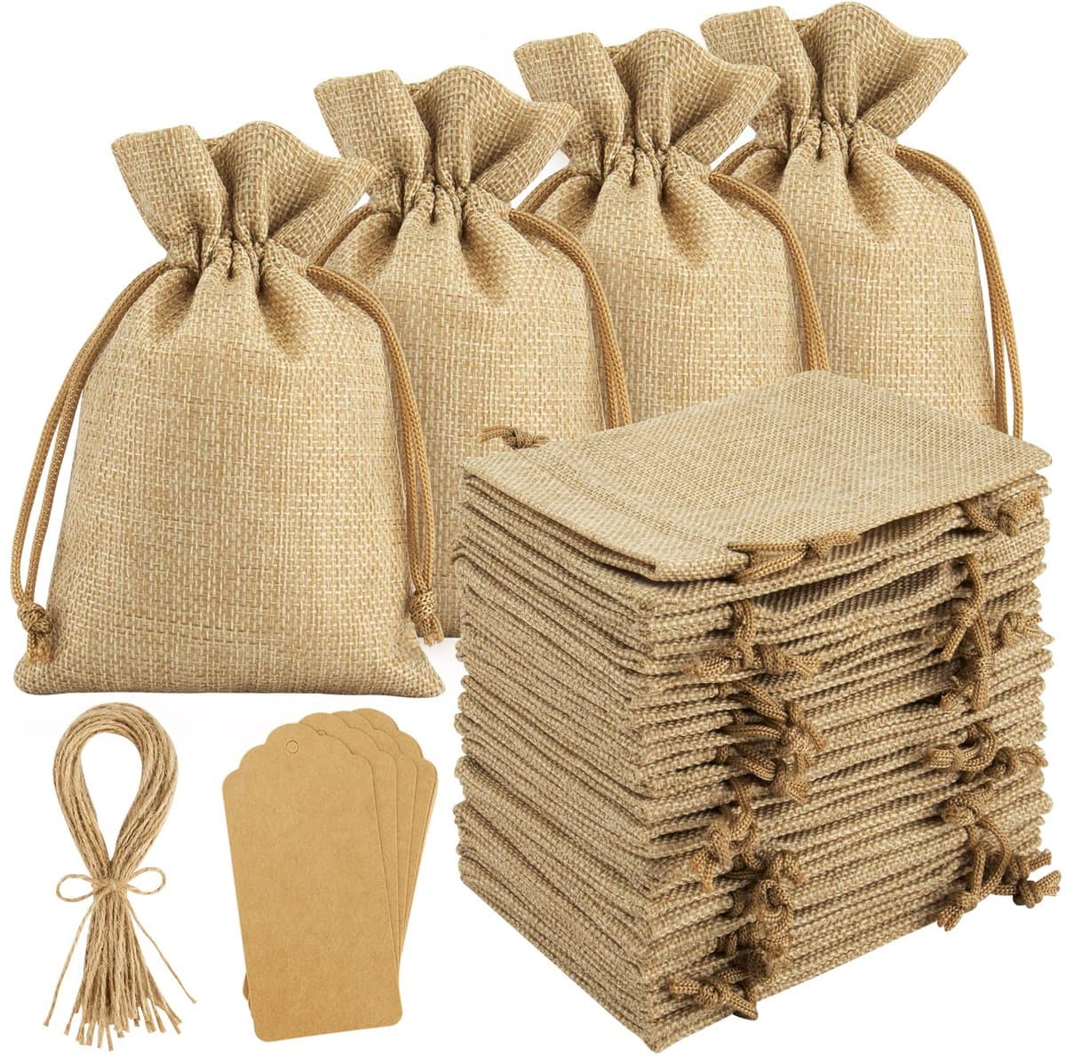 50 stuks Jute Zakjes 10 x 14 cm - Katoenen Cadeauzakjes met Trekkoord - Jutezak Set Incl. Kleine Cadeaulabels Karton en Touws - Cadeauverpakkingen (EAN: 8711727108352)