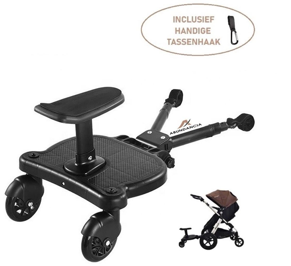 Abundancia® - Meerijdplankje universeel - Meerijdplankjes - Meerijdplankje met zitje - Verstelbaar - Incl tassenhaakje - Voor Kinderwagen/Buggy - Zwart (EAN: 8720769222605)