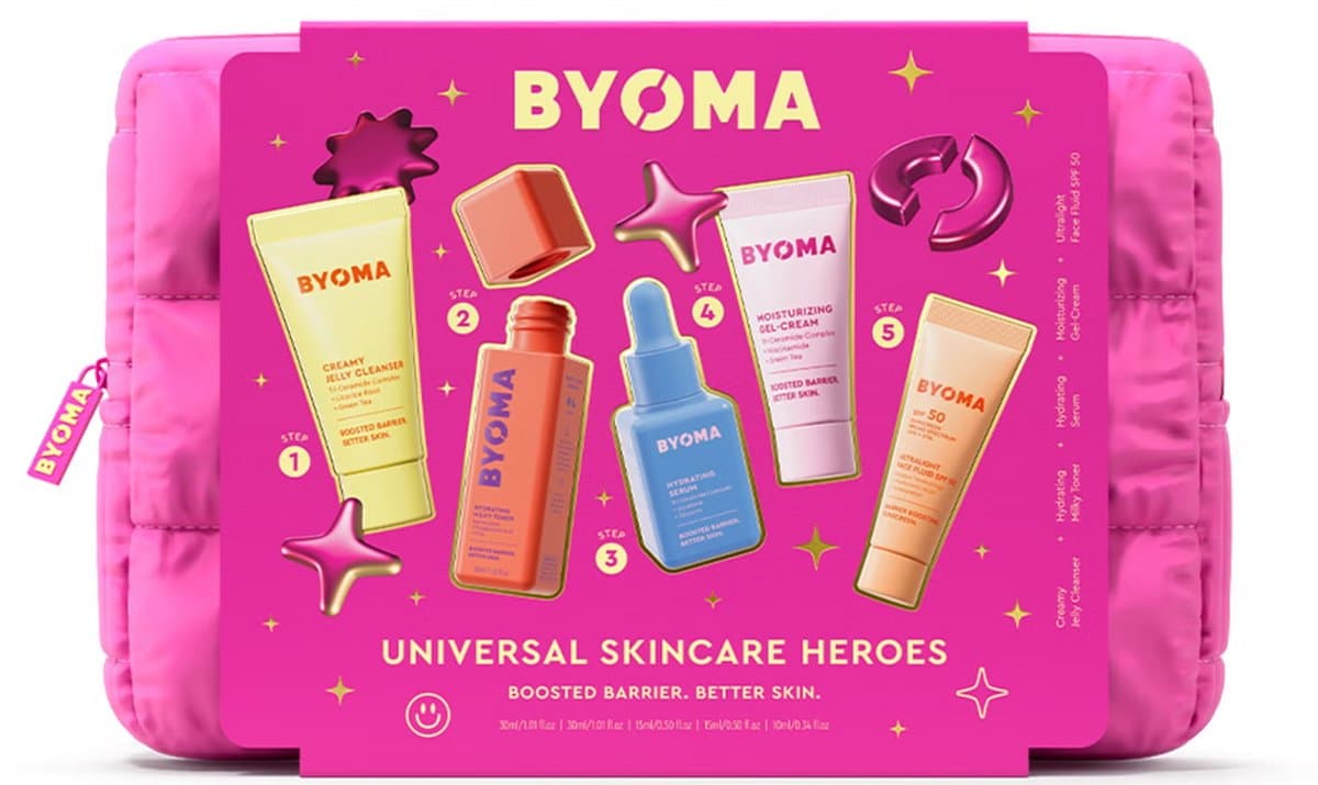 BYOMA Universal Skincare Heroes – 5-delige Reisset – Complete Huidverzorgingsroutine (Cleanser, Toner, Serum, Crème & SPF 50) (EAN: 5060489797766)