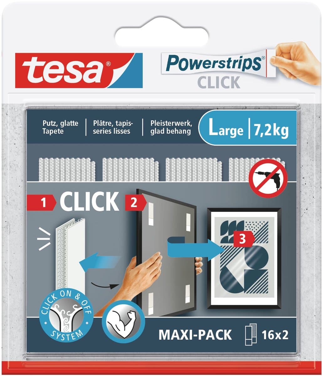 tesa Powerstrips Click pads groot zelfklevend decoratie zonder boren – 16x2 stuks (EAN: 4063565401329): Wat zijn die Powerstrips precies