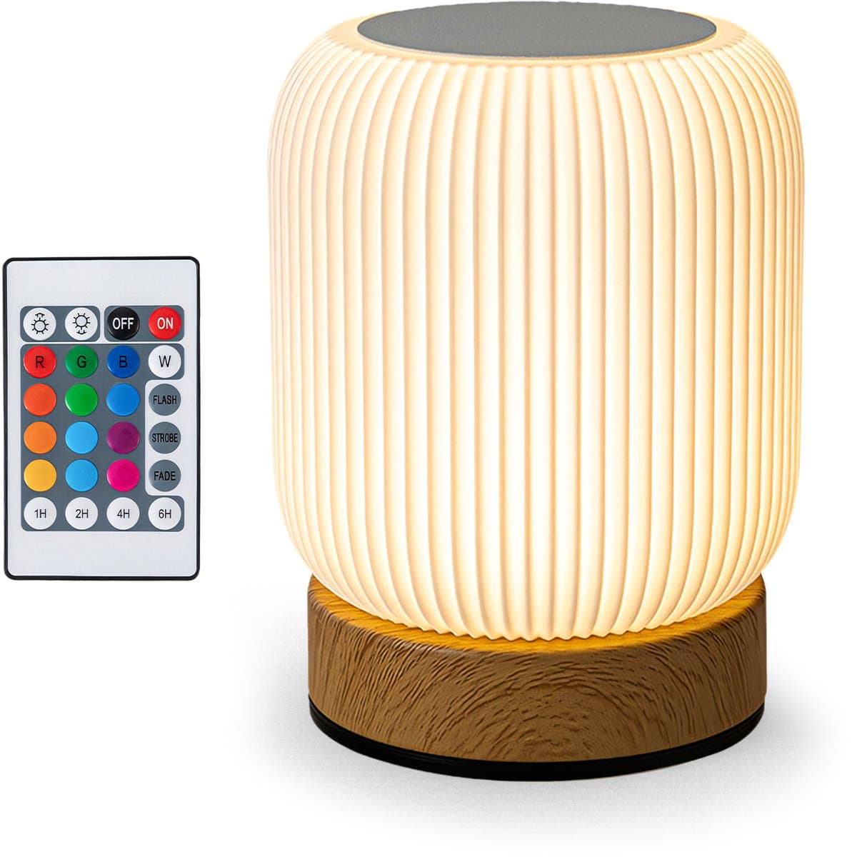 Nachtlampje - Oplaadbaar nachtlampje - Afstandsbediening - 13+ kleuren - Tijdfunctie - Wake-up Light - Sfeerlamp - Leeslamp - Tafellamp slaapkamer - Nachtlampje kinderen en volwassenen - Touch bediening - Dimbaar - Draadloos Nachtlampje Bamboe (EA...