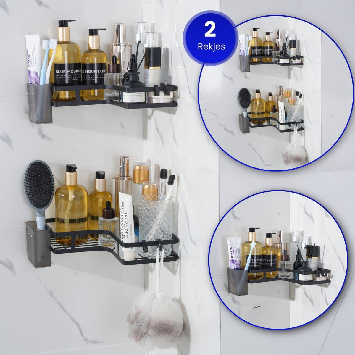 Luvexi Doucherek - Badkamer accessoires - Doucherek hangend - Zonder boren -hangend- badkamer - Zwart- 2 laags - hoek (EAN: 8721249268038): De eerste indruk Stijlvol & Modern