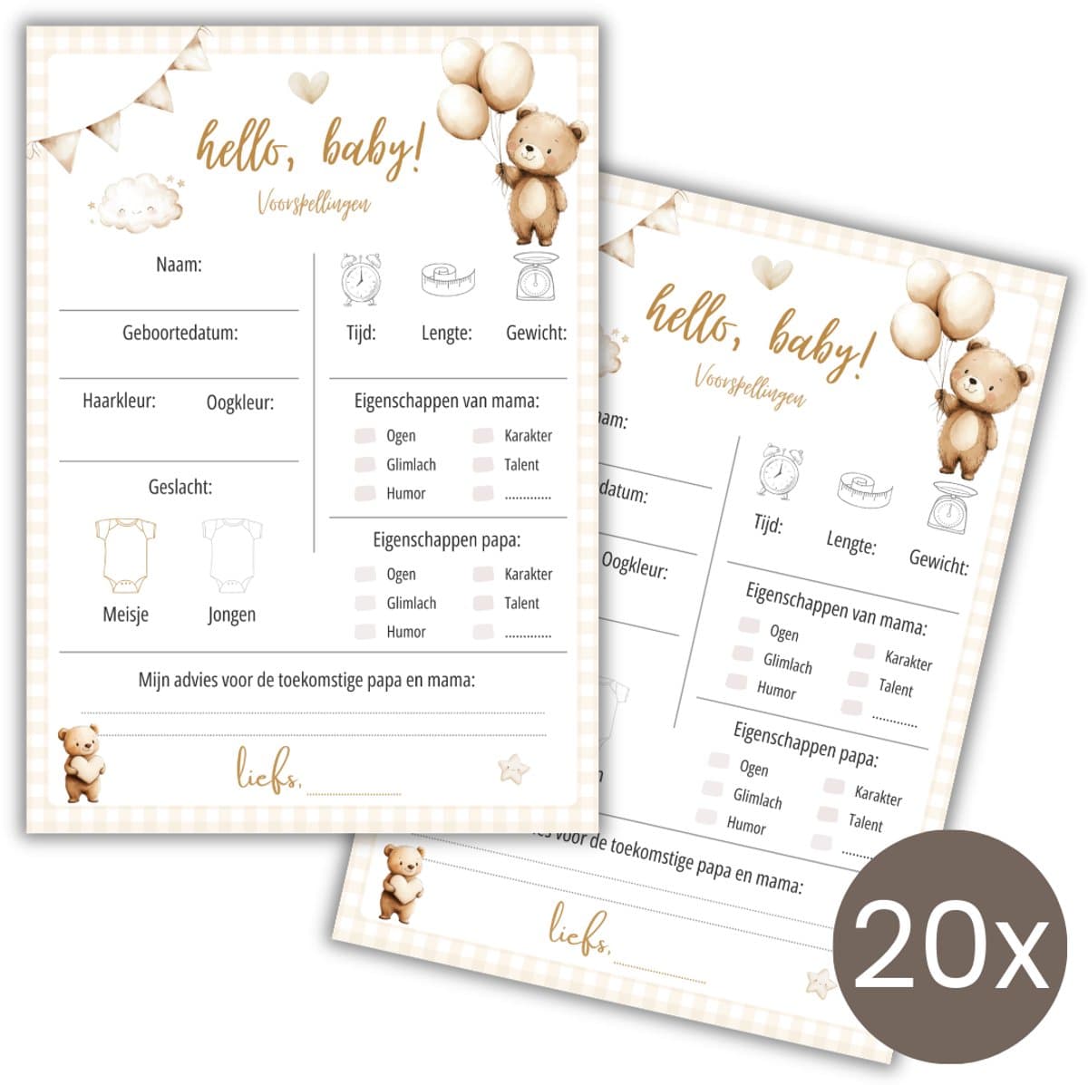 Babyshower Invulkaarten 20 stuks - Voorspellingskaarten - Babyshower Spelletjes - Jongen of Meisje - A6 - Teddy (EAN: 8721161817222)