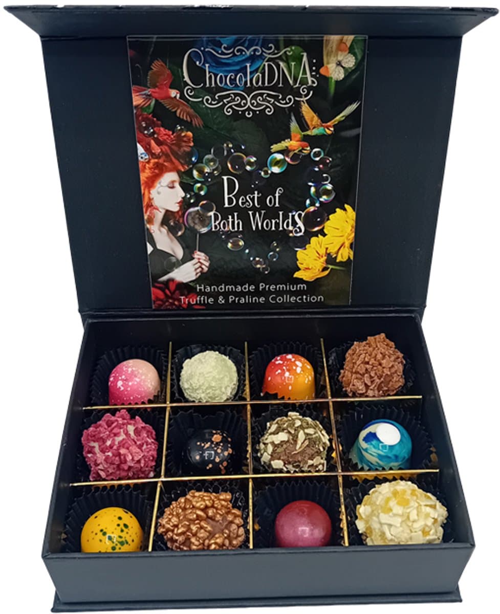 MIX 12 van ambachtelijke handgemaakte chocolade truffels, pralines. Ambachtelijk-chocoladecadeau-pralines-bonbons-verjaardagscadeau (EAN: 8721249611766)