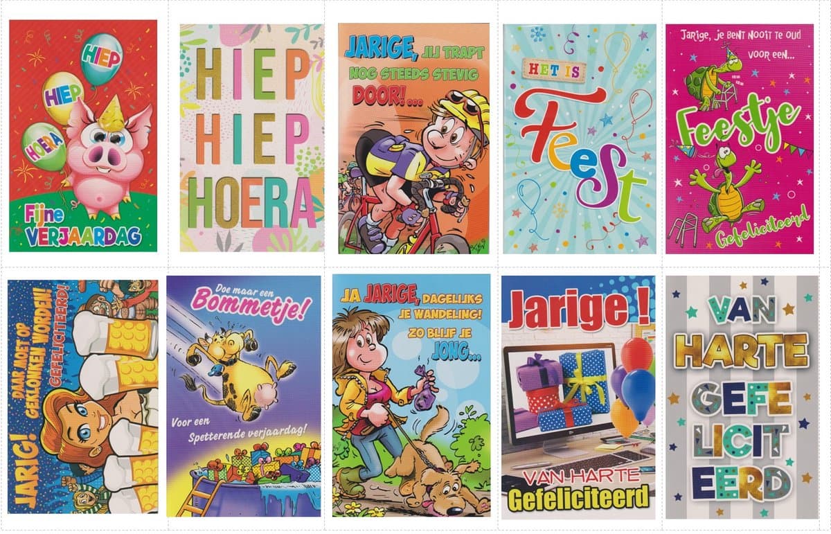 10 Luxe Grappige Felicitatie Wenskaarten - Verjaardagskaarten - 17x12cm - Gevouwen kaarten met enveloppen - Gratis verzonden - 2026-11 (EAN: 8720165931330): Waarom deze kaarten zo leuk zijn
