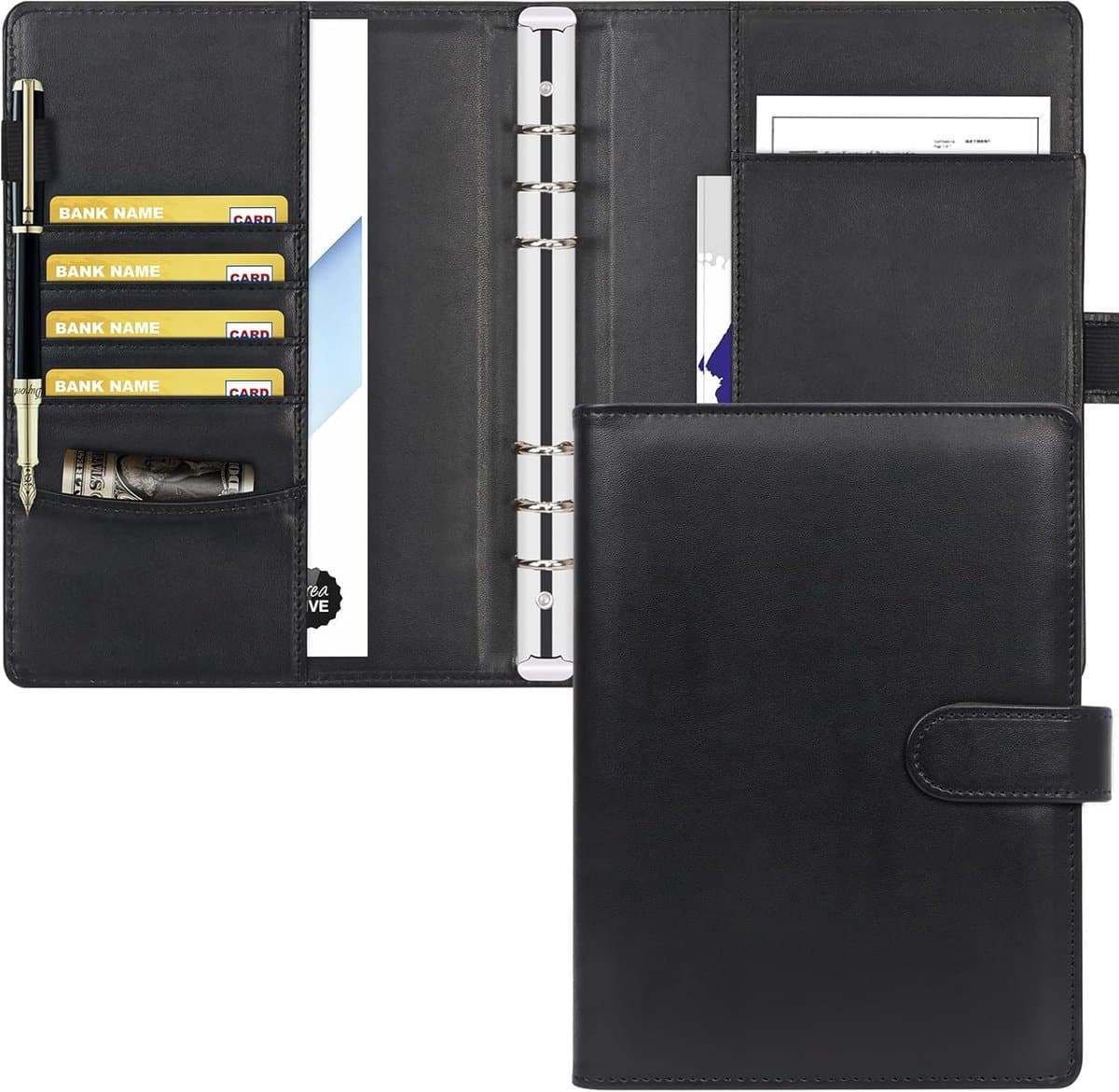 A5 Ringband - A5 Planner Hoes - Magnetische Sluiting - 6 Rotsbestendige Ringen - Inclusief Kaarthouders - Zwart (EAN: 9321882628542)