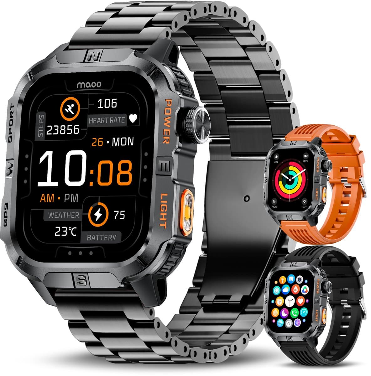 Maoo FORGE GPS Square - GPS Smartwatch Heren - Sporthorloge - 3 Bandjes - Stappenteller - Hartslagmeter - Slaapmonitor - Belfunctie - LED Zaklamp - Multisport - Geschikt voor Android en iOS - Gun Metal Orange (EAN: 8721082650786)