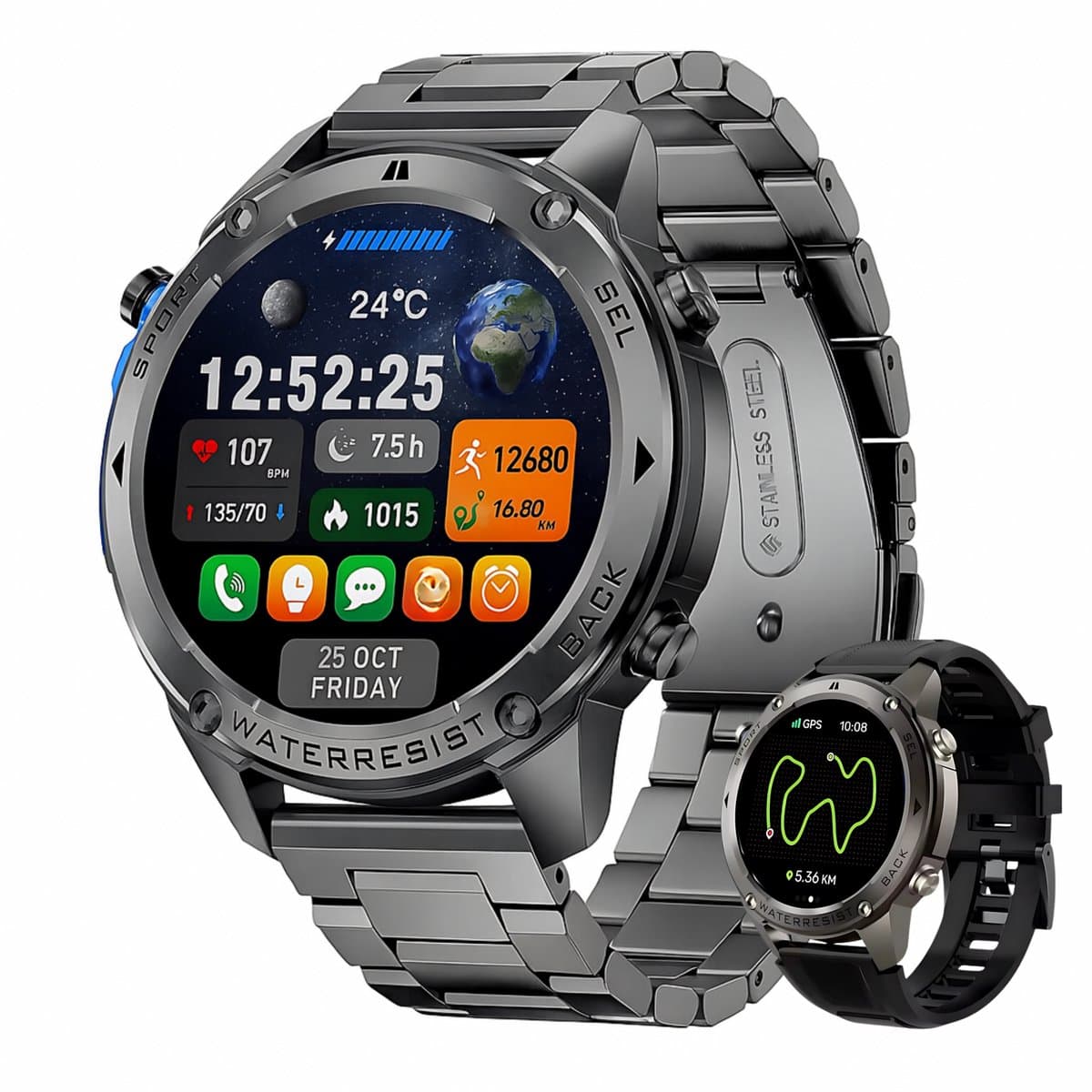 Royal Empire GPS Smartwatch - Smartwatch Heren - 1.43" AMOLED - Sport Horloge - Belfunctie - 5ATM Waterdicht - 170+ Sportmodi - Hartslag & SpO2 - Stappenteller - RVS & TPU Bandje - Geschikt voor alle Smartphones - Zwart (EAN: 8721082955713)