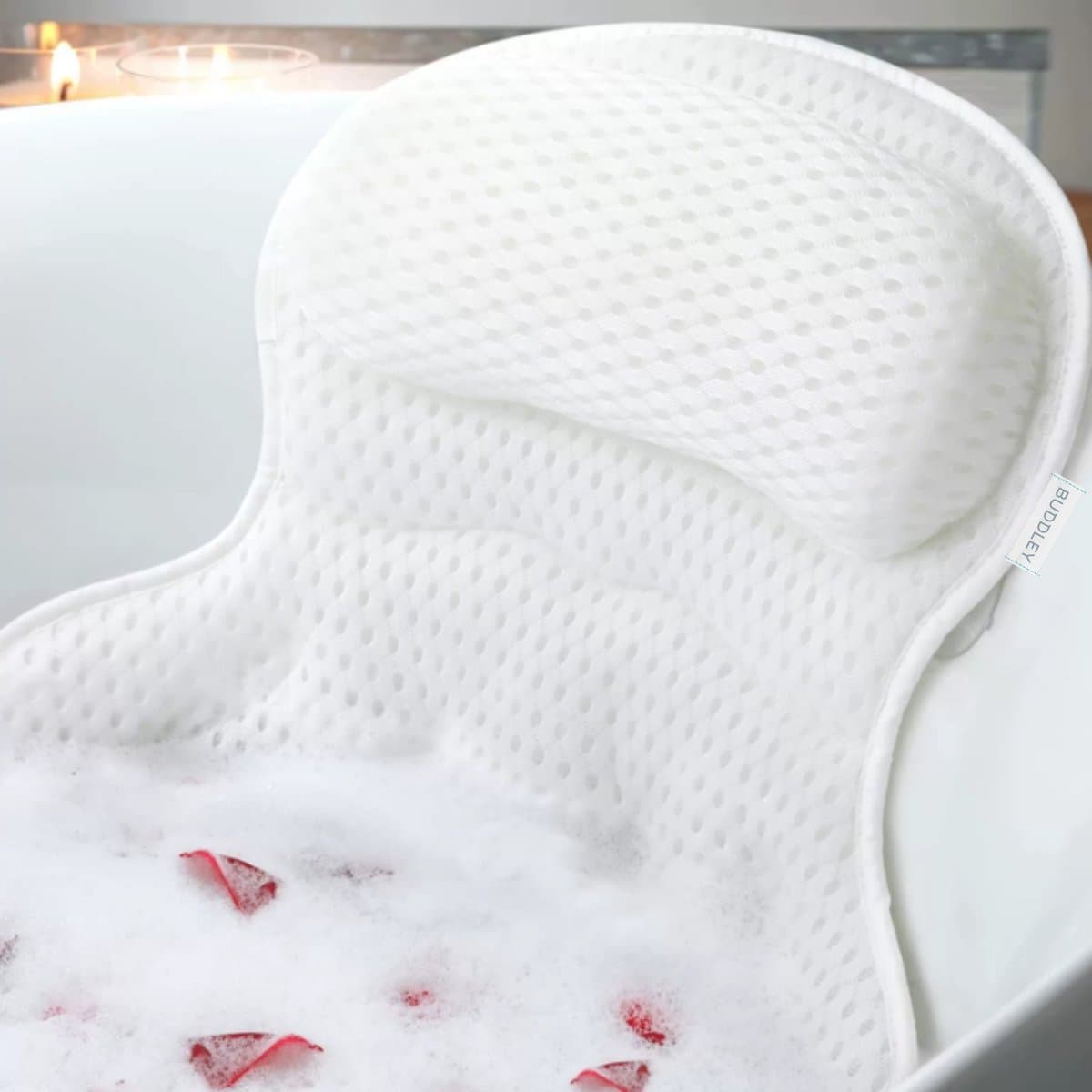 BUDDLEY Badkussen - Met Waszak - Nekkussen bad - Badkussens voor in bad - Bad kussen - Badkussens - Hoofdsteun bad - met Anti Slip Zuignappen - Bad accessoires - Wit (EAN: 8721055980728): Waarom dit kussen een gamechanger is