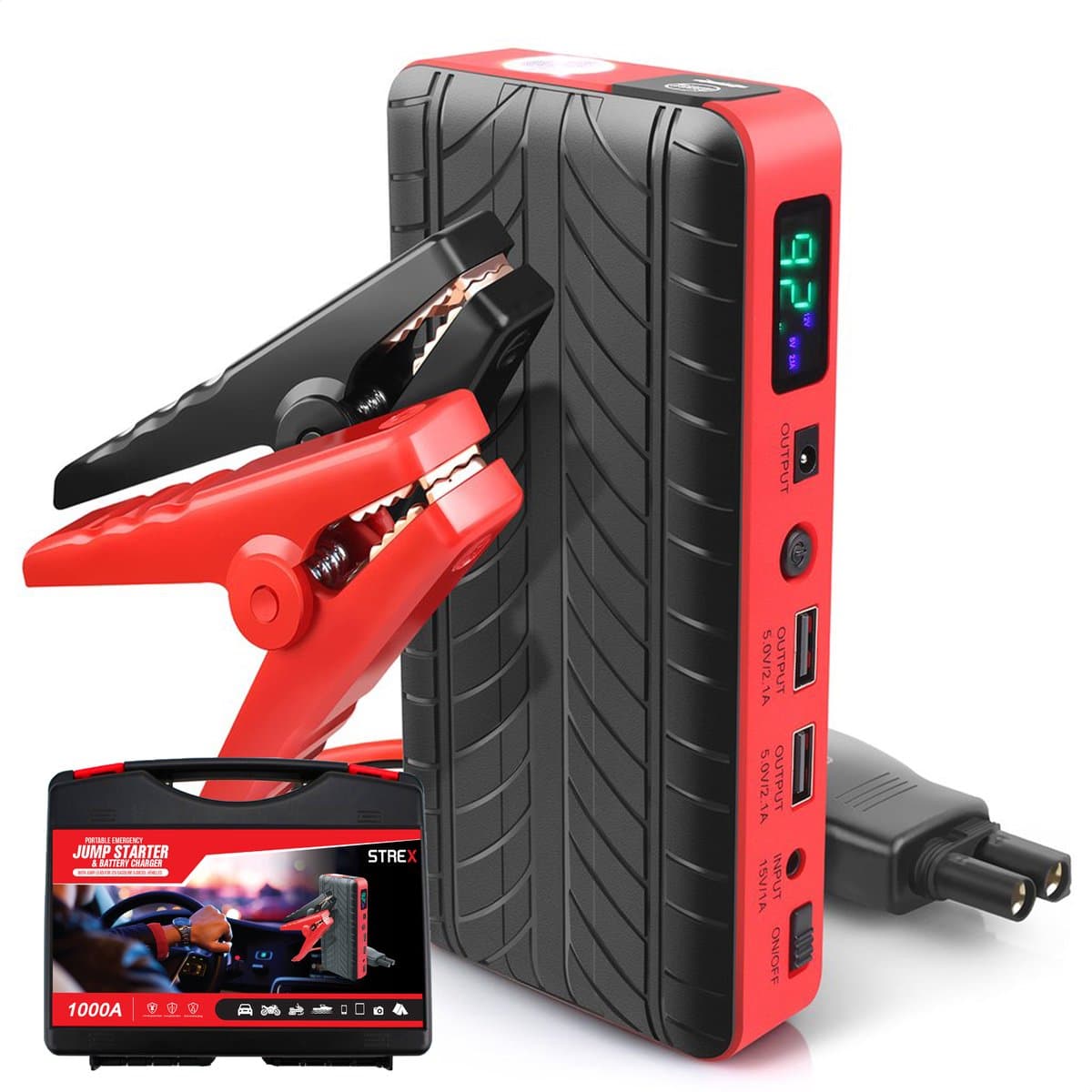 Strex 12V Jumpstarter voor Auto - 1000A / 18.000 mAh - 4-in-1 Starthulp met Powerbank, LED Zaklamp en SOS Noodlicht - In Opbergkoffer (EAN: 8719325619980)