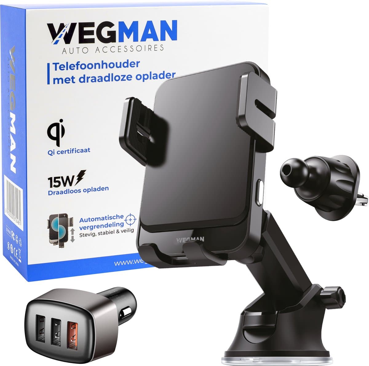 Wegman Telefoonhouder Auto 15W QI Draadloze Oplader - Ventilatie rooster, Raam, Dashboard - Zuignap - Smartphone Autolader Draadloos - GSM Houder Mobiel - Auto Telefoonhouder - Auto Oplader (EAN: 8719327415450)