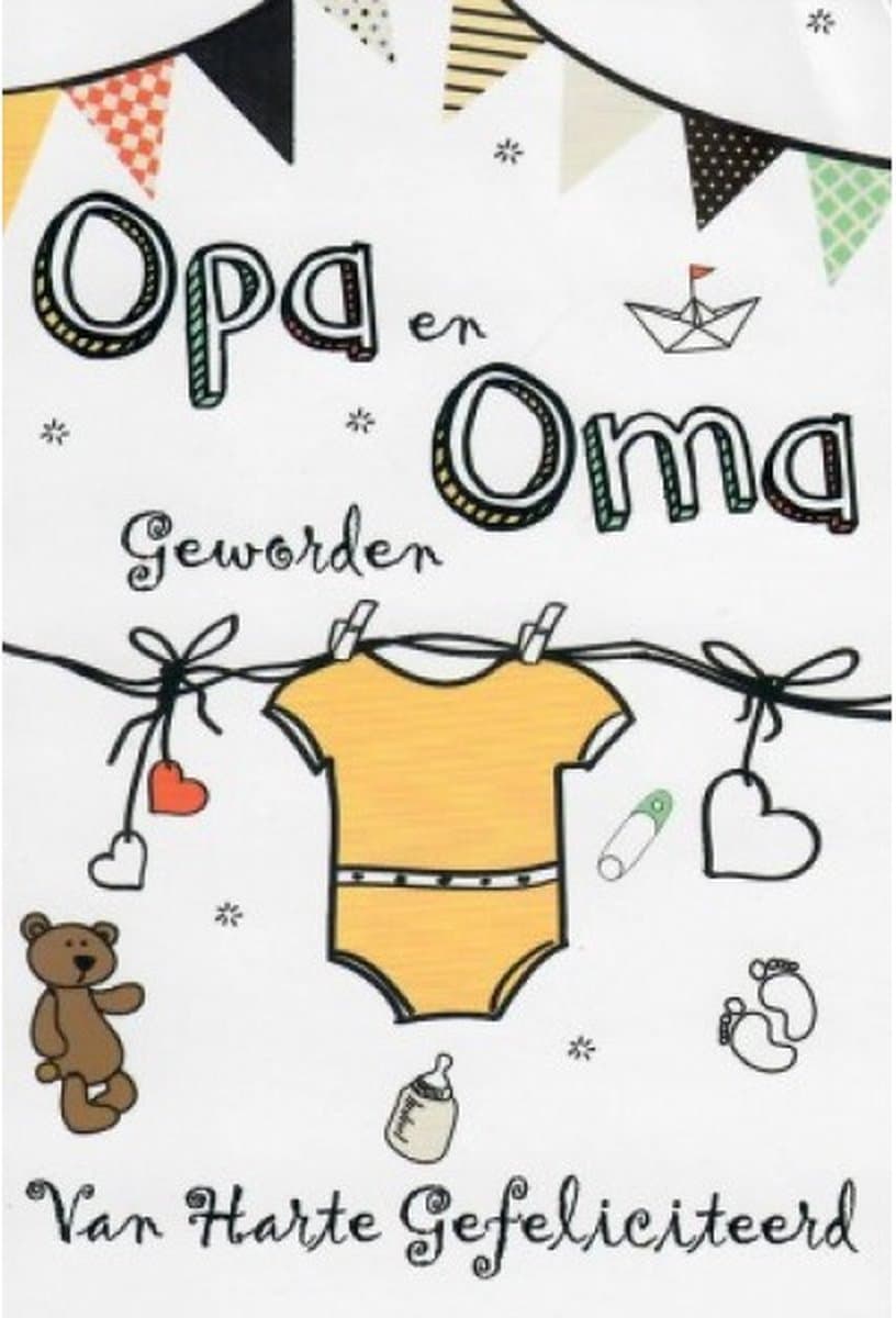Opa en oma geworden! Van harte gefeliciteerd! Een feestelijke kaart met slingers en babybenodigdheden. Een leuke kaart om zo te geven of om bij een cadeau te voegen. Een dubbele wenskaart inclusief envelop en in folie verpakt. (EAN: 6096444166147)