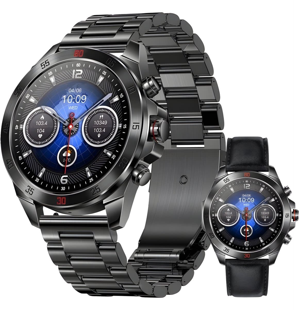 Royal Empire Amoled PRO Smartwatch - Smartwatch Heren - Stappenteller - Bloeddrukmeter - Hartslagmeter - Slaapmonitor - RVS en Leren bandje - Multisport - 46MM - Geschikt voor alle Smartphones - Kleur Zwart (EAN: 8721082955393)