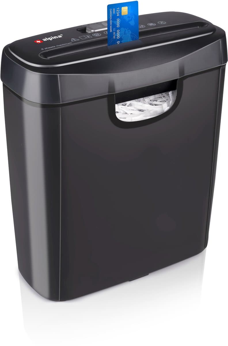 alpina Papierversnipperaar – Papiervernietiger voor Thuis en Kantoor – Shredder Vernietigt Creditcard - Versnipper 6 A4 Vellen in 1 Keer – 10L Bak – 190W Vermogen – Zwart (EAN: 8711252254388): Het scherpe werk!