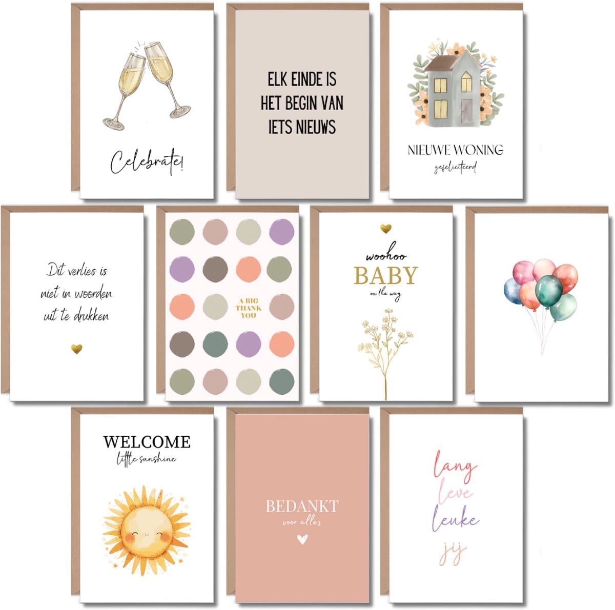 10 Luxe Wenskaarten met Enveloppen – Set Felicitatie, Bedankt, Sterkte, Woning, Zwanger, Geboorte & Verjaardag – A6 - Blanco (EAN: 8721161817376)