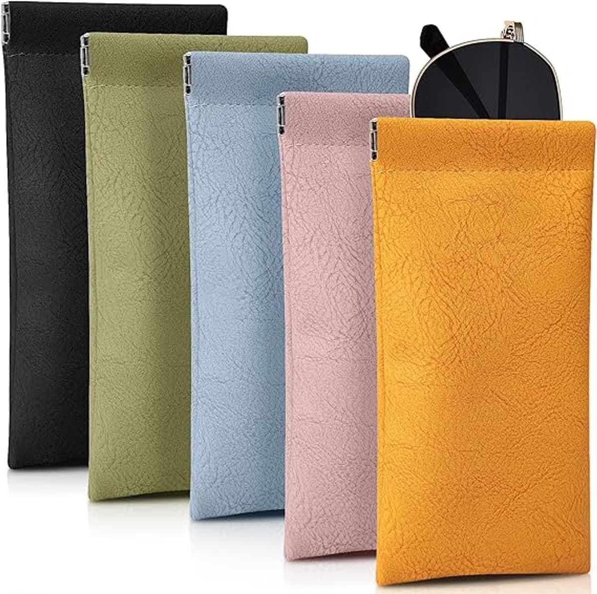 Brillentas - 5 stuks - Zonnebrillen opbergdoos voor mannen en vrouwen - Brillen opbergtas met automatische sluiting van de veermond- Draagbaar - 180*90mm - Leren brillentas (Roze/Oranje/Blauw/Groen/Zwart) (EAN: 9389495723894): Wat is er precies in...