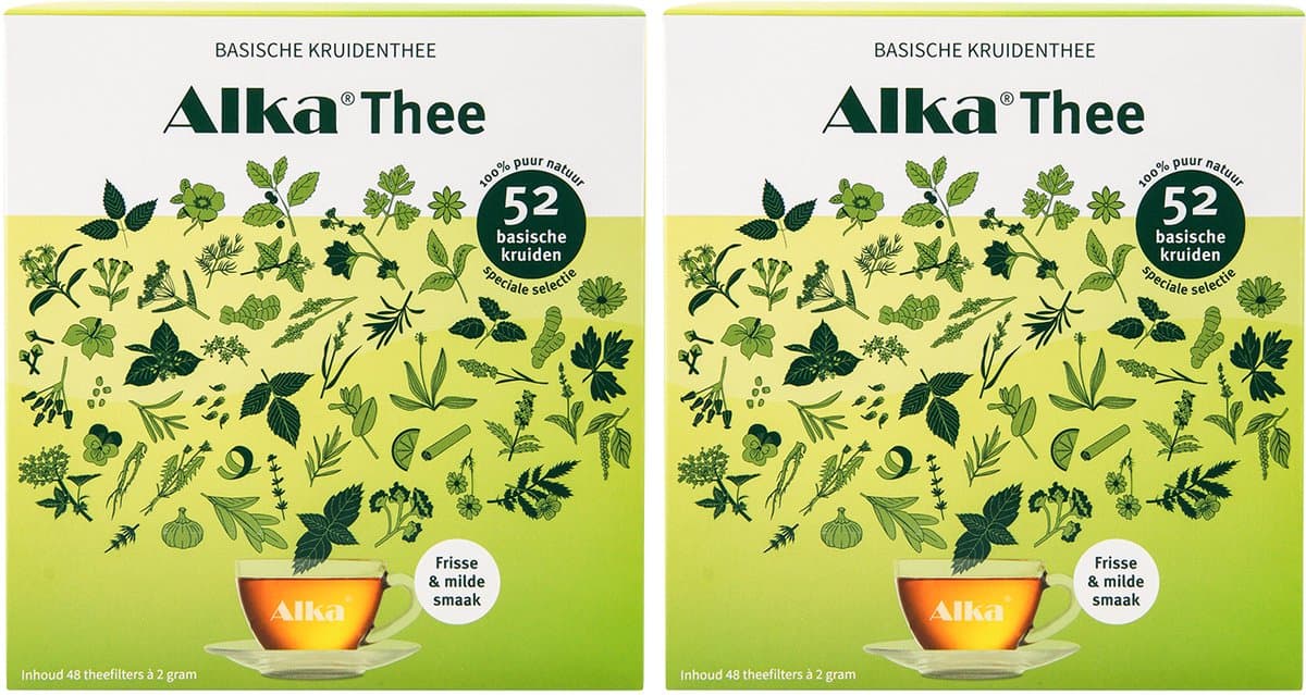 Alka® Thee - Basische Kruidenthee - 2 x 48 Filterzakjes - 52 Verschillende soorten kruiden - Zachte Detoxthee - Basisch, lekker en 100% puur natuur (EAN: 8718546782763)