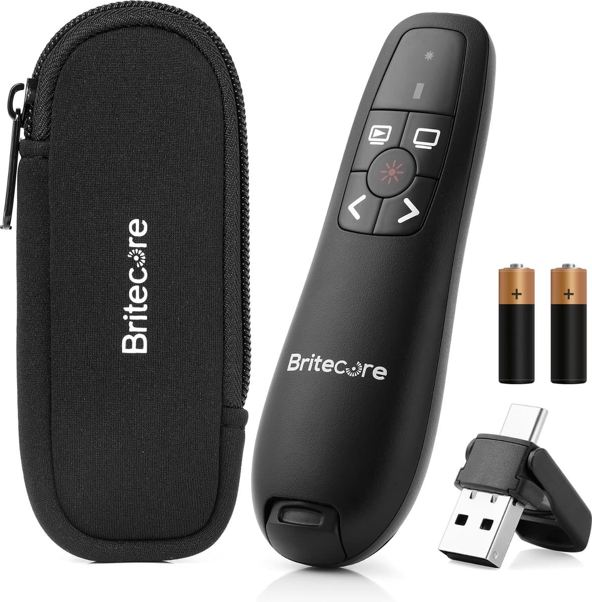 Britecore Presenter - Met Volumeregelaar - Draadloze Presentatie Klikker met Laser Pointer - USB-A & USB-C Compatibel - Windows & Mac OS - Inclusief opberghoes (EAN: 8721042200617)