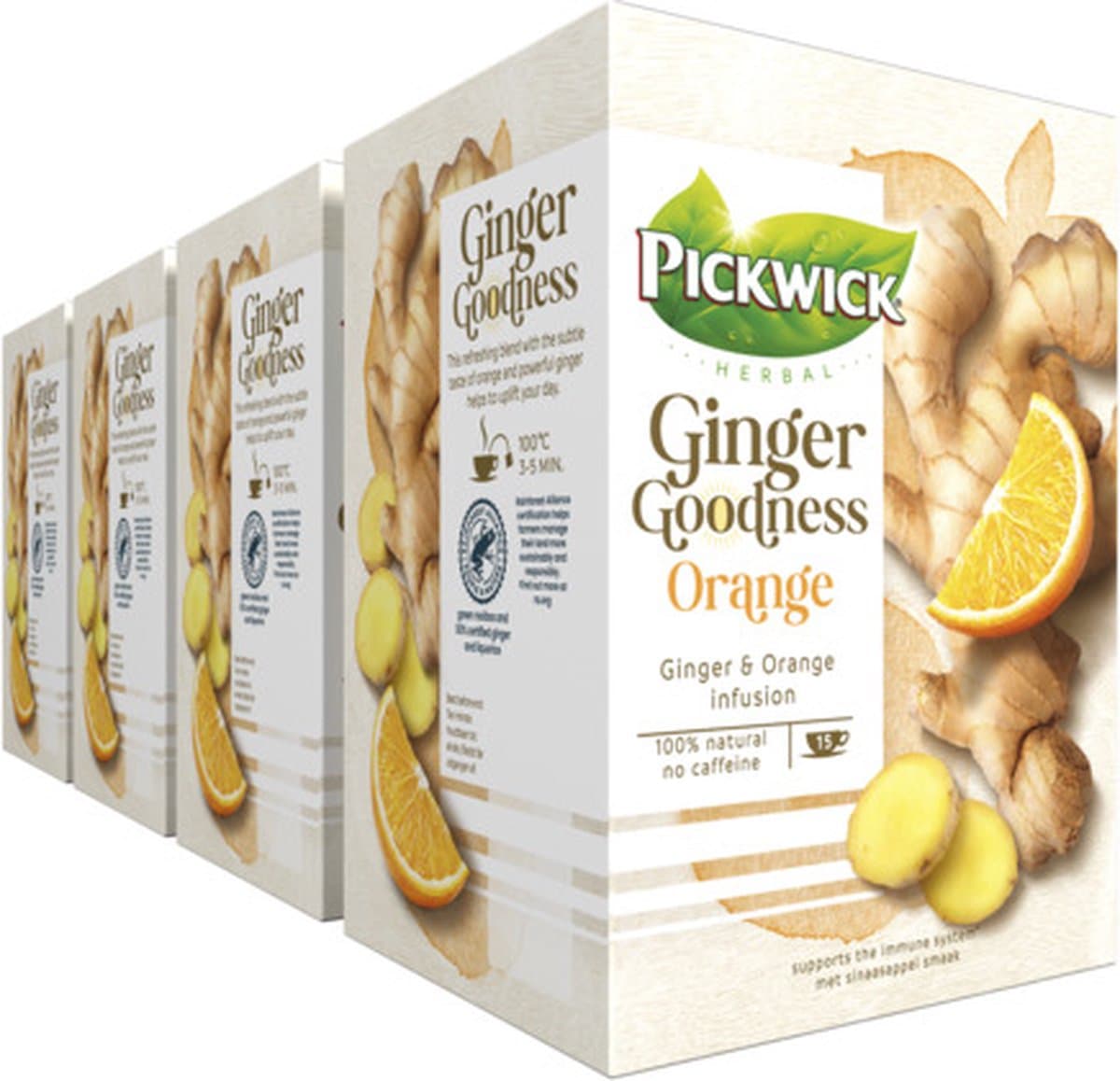 Pickwick Kruidenthee Ginger Goodness Orange - 4 x 15 theezakjes (EAN: 8711000497685): De eerste slok een knipoog naar de herfst