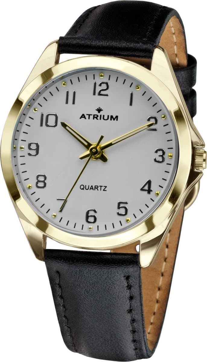 ATRIUM Horloge Dames - Goud - Analoog - Leer Zwart - Lederen Bandje - Verstelbaar - Duidelijk - Quartz uurwerk- Edelstalen sluiting - A11-20 (EAN: 4037921003069)