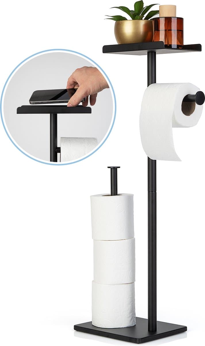 BuyHub WC Rolhouder - 3 in 1 - Staand - Zonder boren - Met plankje - Reserverolhouder - Toiletpapierhouder - Vrijstaand - Zwart (EAN: 8720892223814): De BuyHub 3-in-1 WC Rolhouder Een echte gamechanger