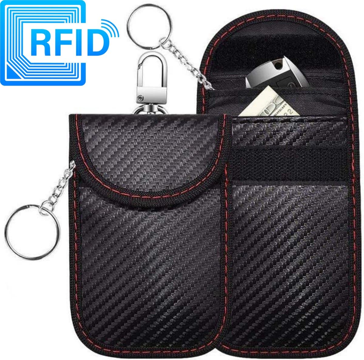 Rfid auto keyless beschermhoes autosleutel - Zwart - Carbon - 2 stuks - anti diefstal - keyless entry - anti diefstal - met haak - autosleuteltasje - sleuteltasje - veiligheid - car security - antidiefstal - anti skim - etui - antiskim - blocker (...