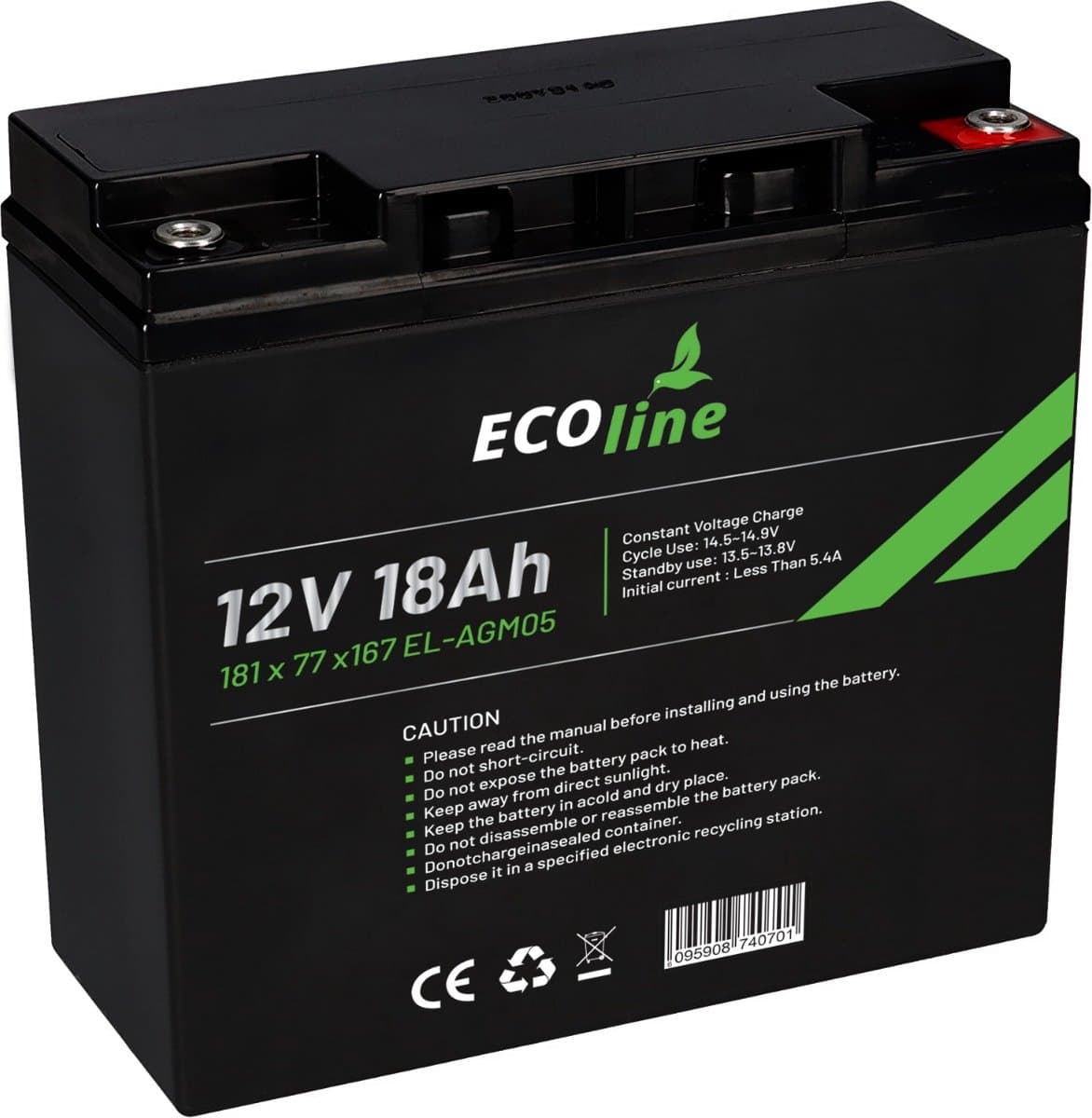 EcoLine - AGM 12V 18AH - 18000mAh VRLA Batterij - 181 x 77 x167 - Deep Cycle Accu. (EAN: 8720865540207)