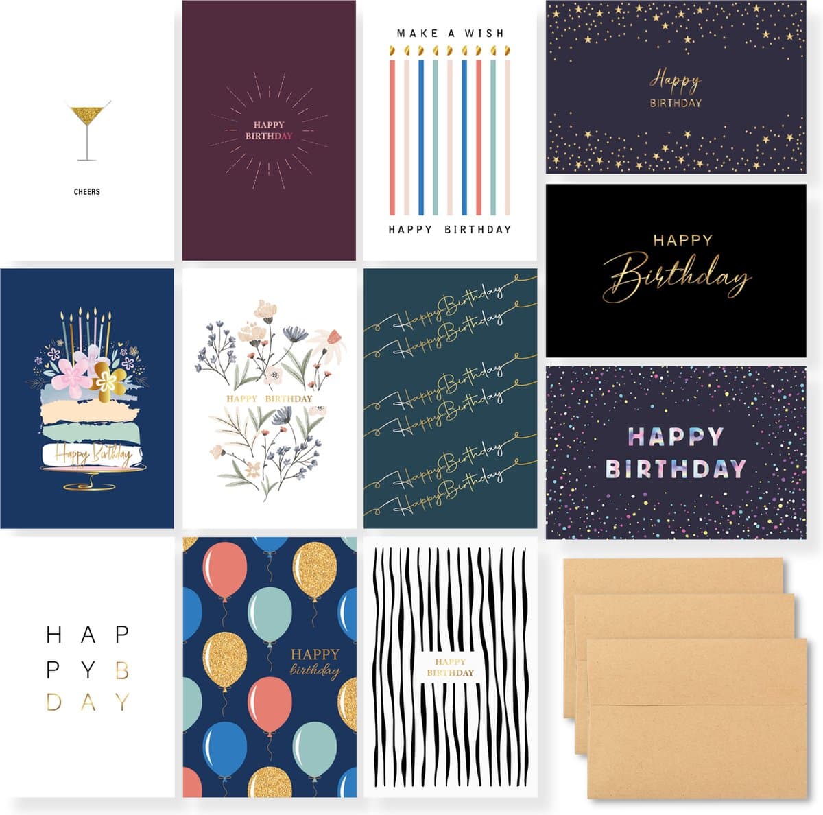 Partizzle 36x Luxe Verjaardagskaarten Set - Met Kraft Enveloppen - Verjaardagskaart Versturen - Volwassenen - Duurzaam - 15x10 cm / Chic Celebration (EAN: 8720865982748): 🌿 Waarom deze kaarten zo speciaal zijn