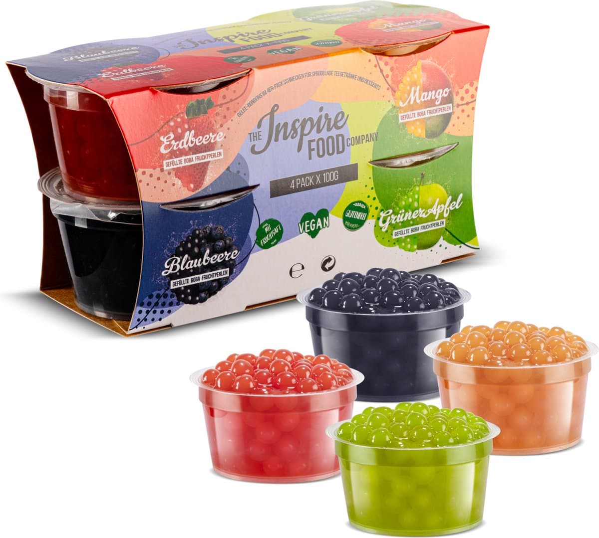 Inspire Food Company - Bubble tea - Bubble Tea Parels - Popping Boba Pearls - Popping Fruitparels - Aardbei, Mango, Groene Appel, Blauwe Bessen - 4 x 100 gram (EAN: 8720938876592)