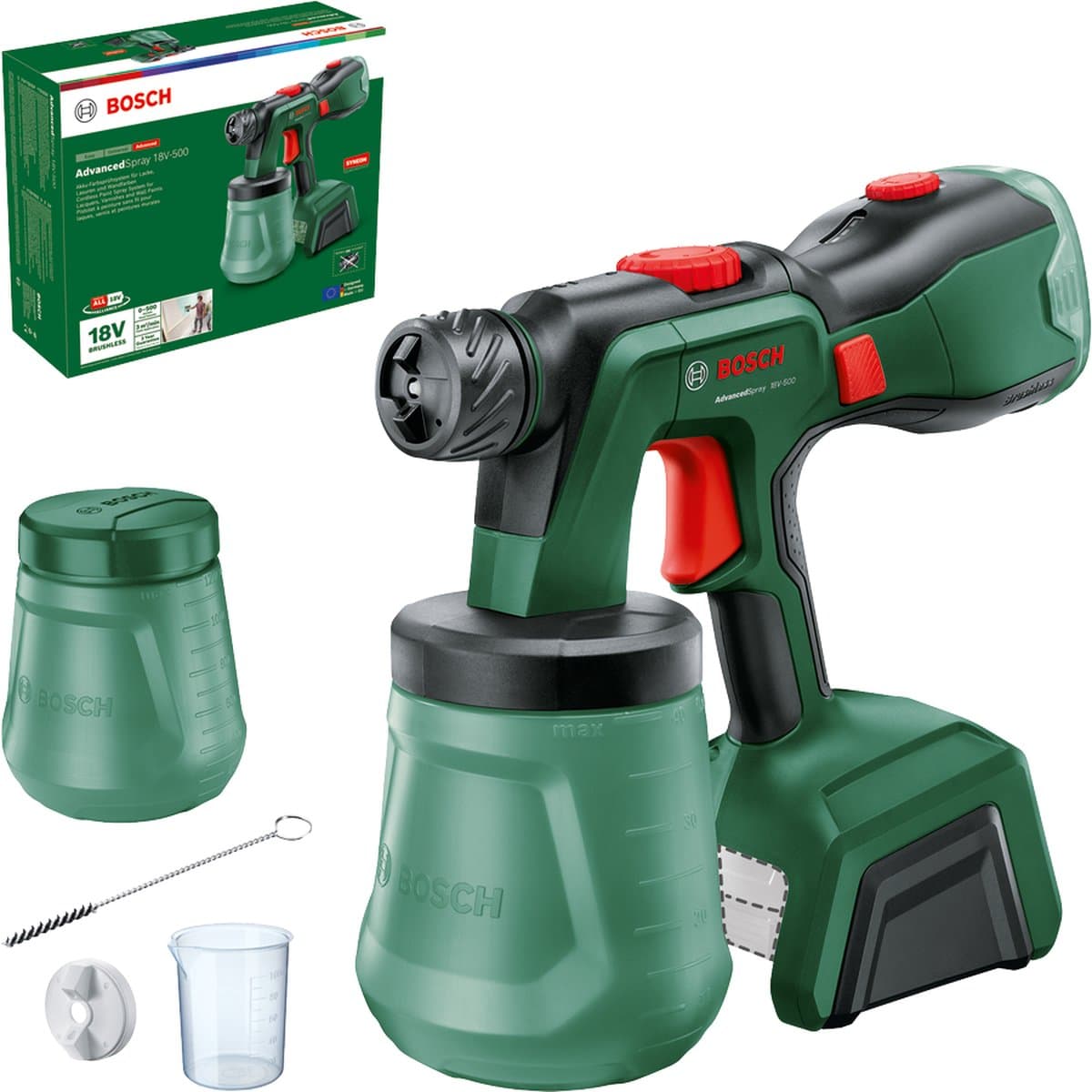 Bosch AdvancedSpray 18V-500 - Verfspuit - Inclusief Reinigingsborstel - Maatbeker - Verfcontainer met deksekl - Fijne spray mondstuk - Exlusief accu en lader (EAN: 4053423243390): Zeg maar dag tegen die kwaststrepen!