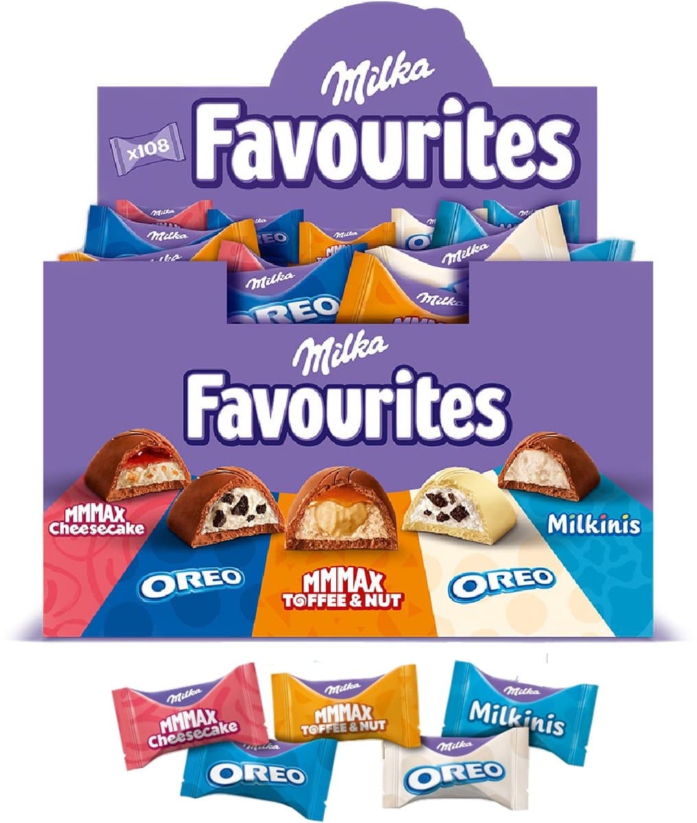 Milka Favourites Chocolade Pralines Mix - 5 smaken - Cheesecake, Oreo melk/wit, Toffee & Nut, Milkini - 108 Chocolaatjes - 1KG - Kantoor en Uitdeel bij Koffie - Voorraad - Verjaardag Cadeau Vrouw of Man - Beste Verjaardagscadeau - Bonbons en Prali...