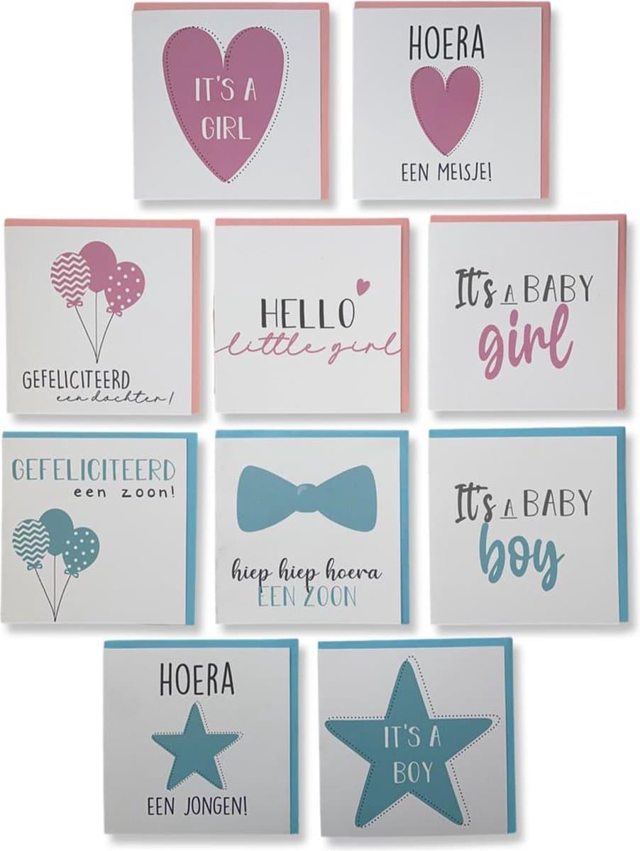 10 Cards & Crafts Unieke Geboortekaartjes - Jongen / Meisje - 13,5x13,5cm - Vierkante wenskaarten inclusief gekleurde enveloppen - Zoon / Dochter (EAN: 0710663417823)
