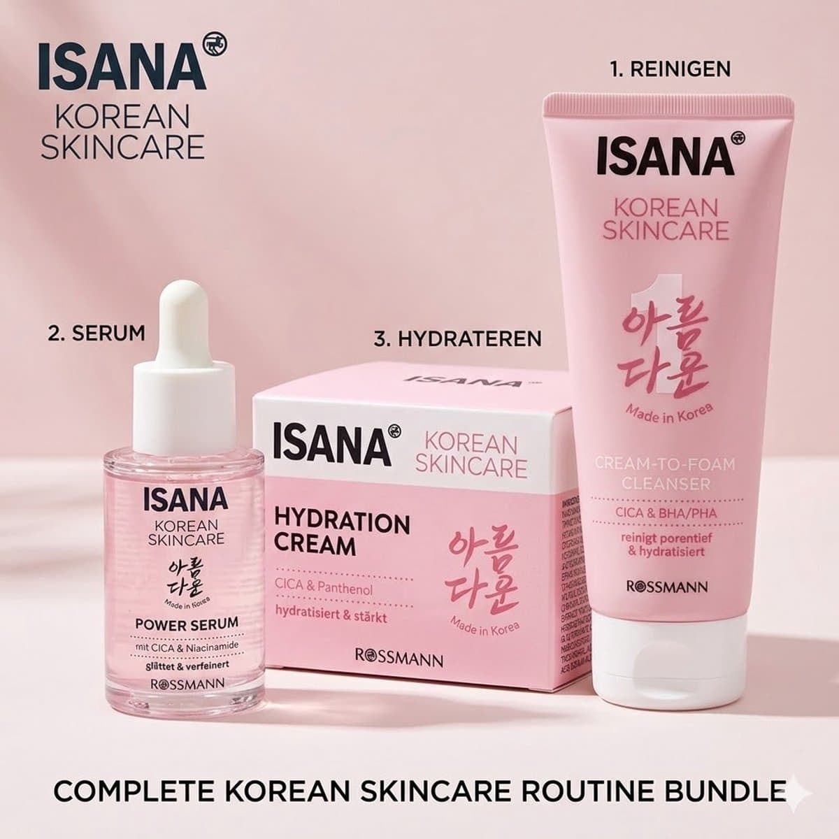ISANA Korean Skincare Set - 3-Staps Routine - Met CICA, 5% Niacinamide & BHA/PHA - Reinigingsschuim, Serum & Dagcrème - Voor een Egale & Stralende Huid (EAN: 8719033819719)